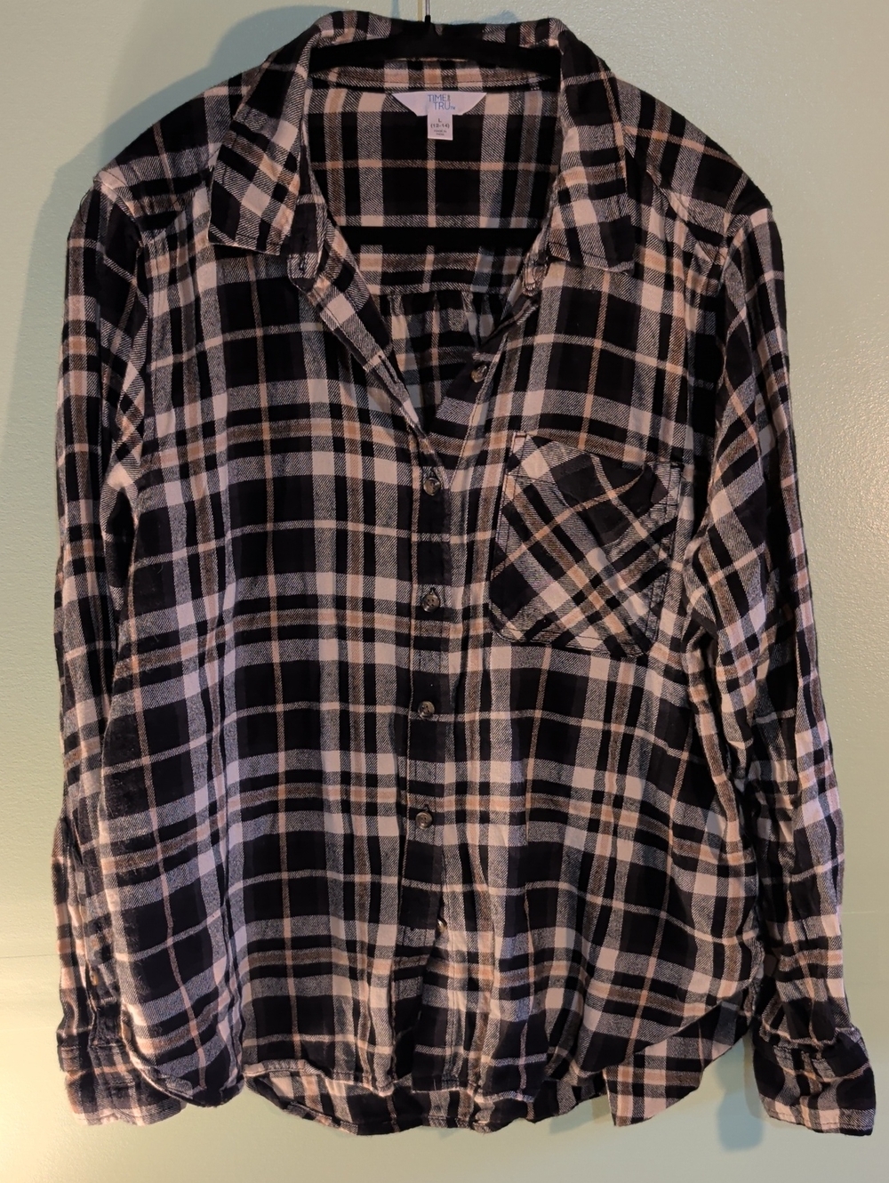Time and Tru Black and White And Tan Flannel Button-Down Shirt